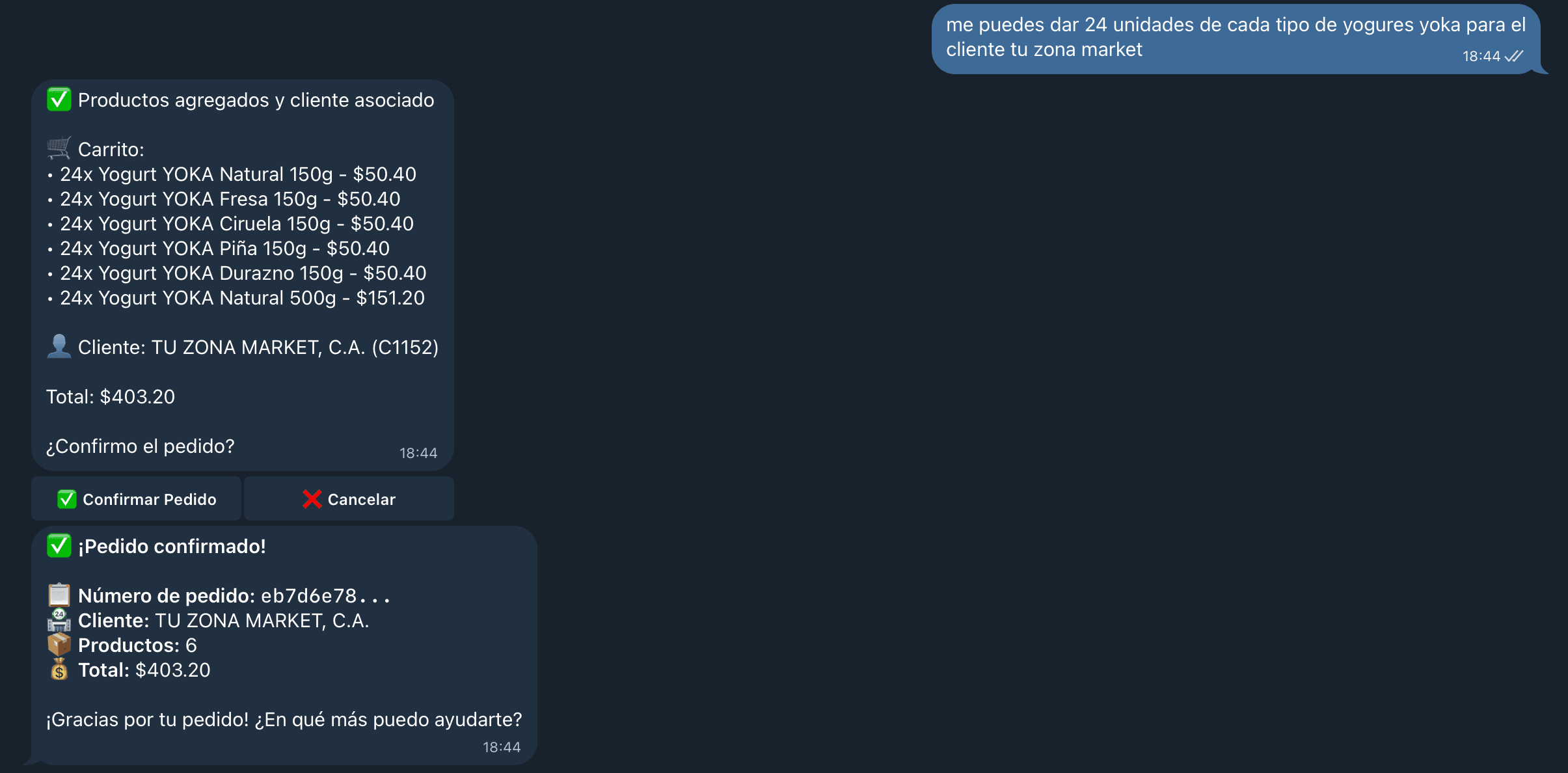 Demostración del asistente de pedidos en Telegram mostrando un pedido de yogures con confirmación